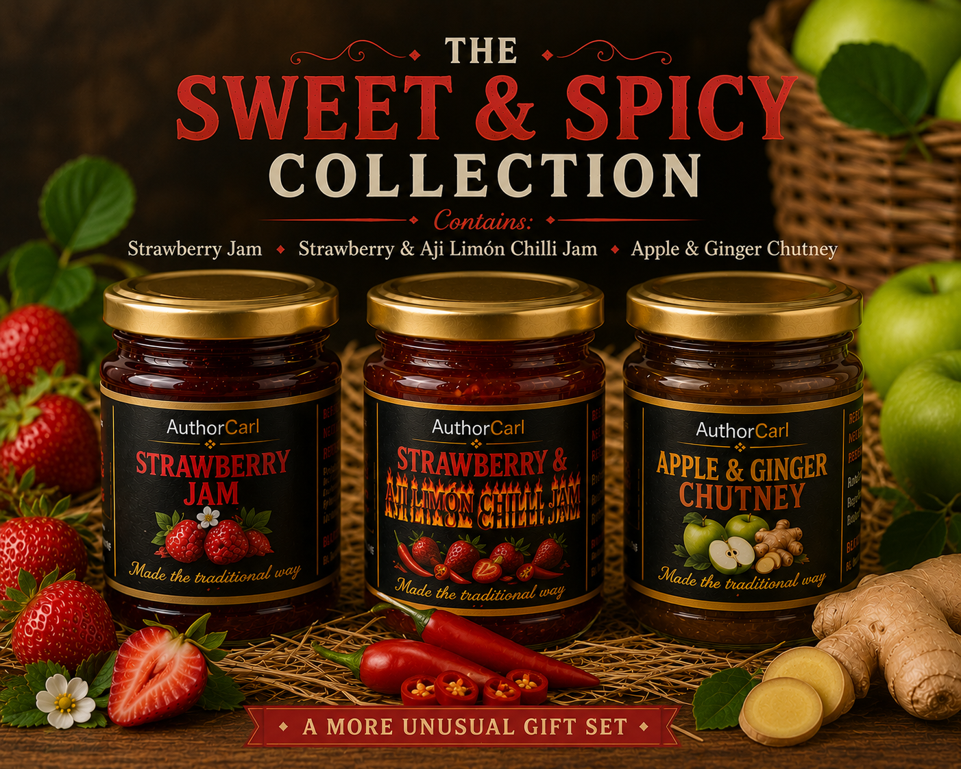 The Sweet and Spicy Collection with strawberry jam, chilli jam and apple and ginger chutney